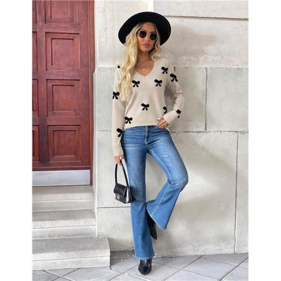 Womens V neck sweater long sleeve ribbed knit lightweight pullover top fall - Picture 4 of 5